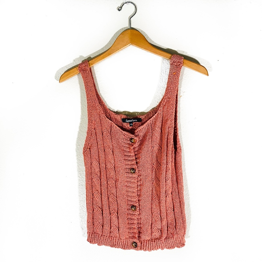 Coral pink knit crochet tank top